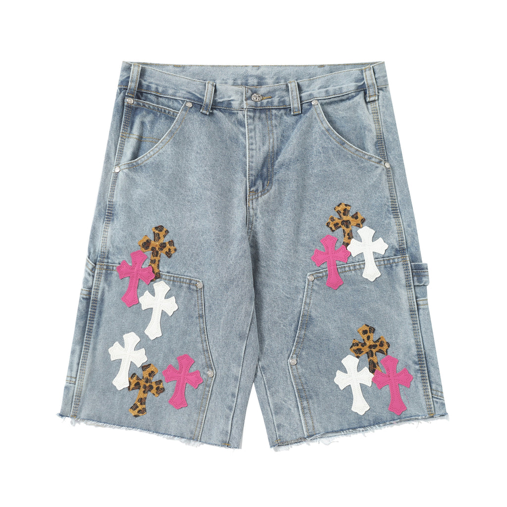 Chrome Hearts Vintage Cross Patchwork Washed Carpenter Denim Shorts 201