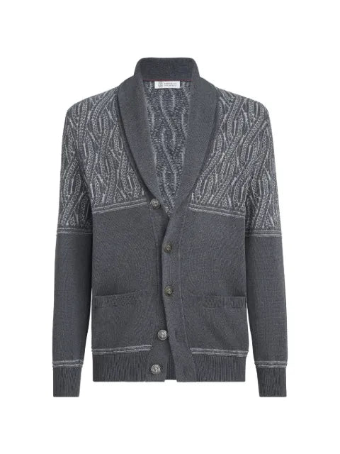 Brunello Cucinelli cotton shawl-collar cardigan with jacquard cable shoulder