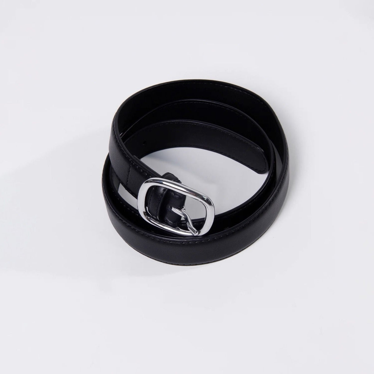 Silver Square Buckle Matte Thin Leather Belt Double Stitch Unisex Belt