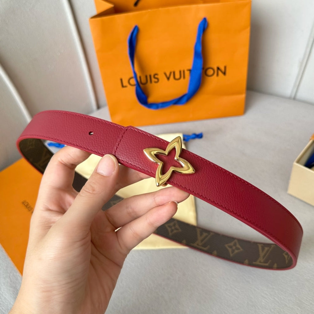LOUIS VUITTON LV  MINI FLOWERGRAM 30MM REVERSIBLE BELT IN BLOOD RED CALFSKIN GOLD HARDWARE