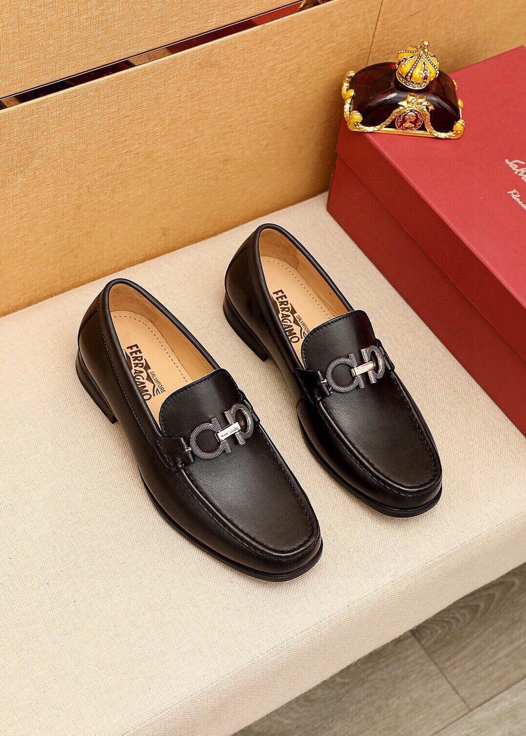 Ferragamo Men's Black Buckle Loafers - Moc-Toe Stitching, Leather Lining
