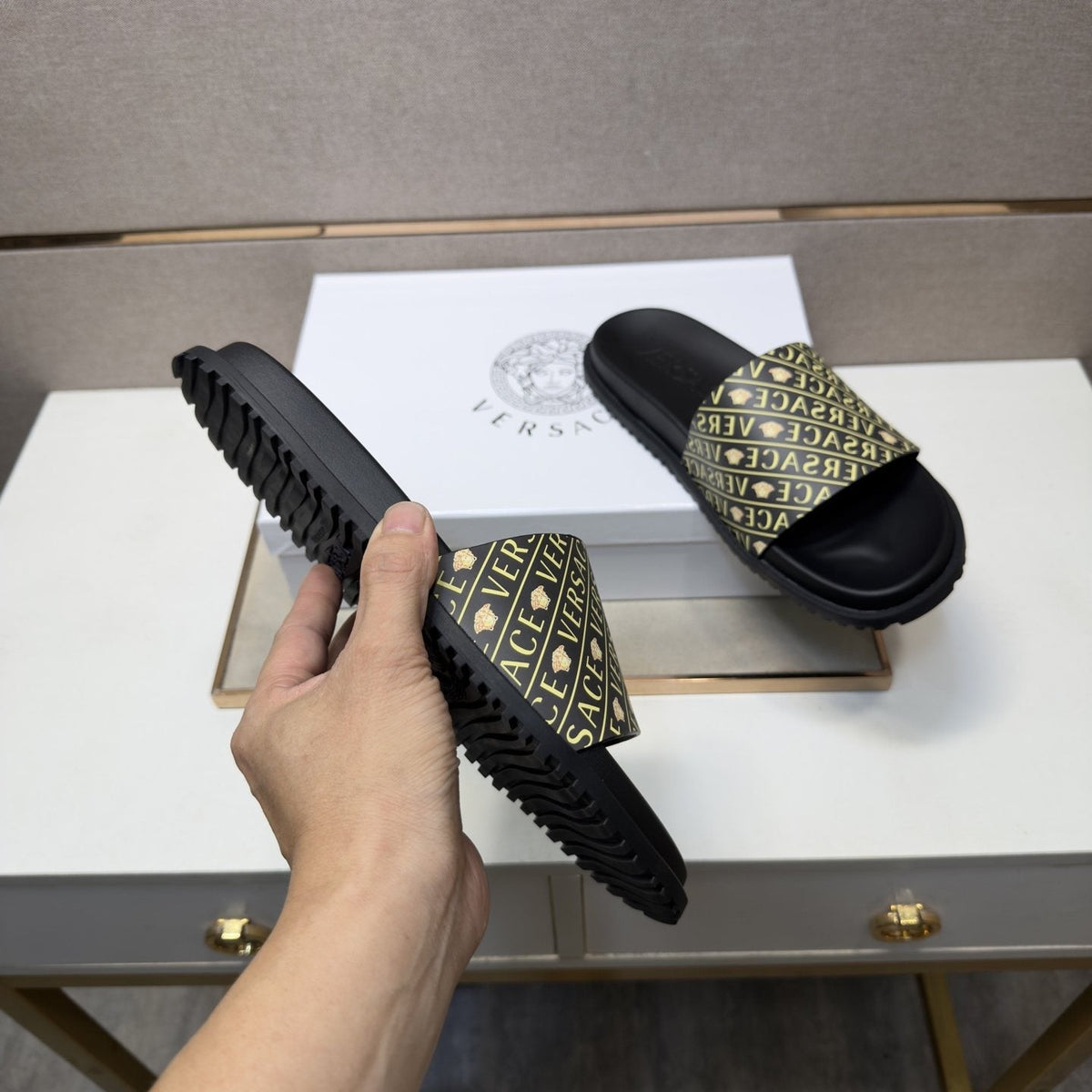 Versace Patterned Strap Slide Sandals