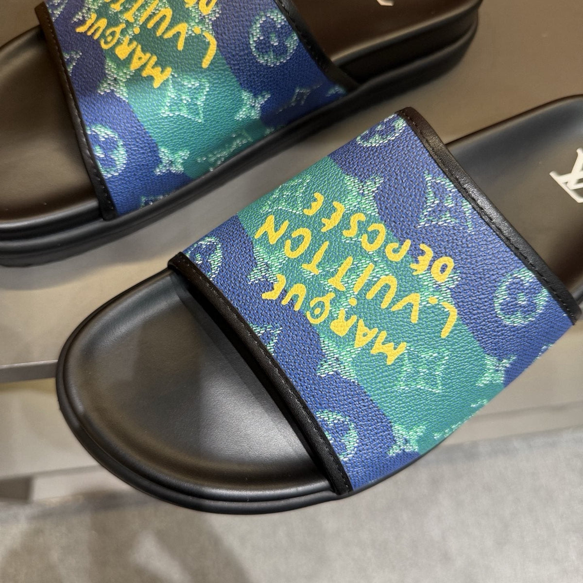 Louis Vuitton Blue Green Patterned Slide Sandals