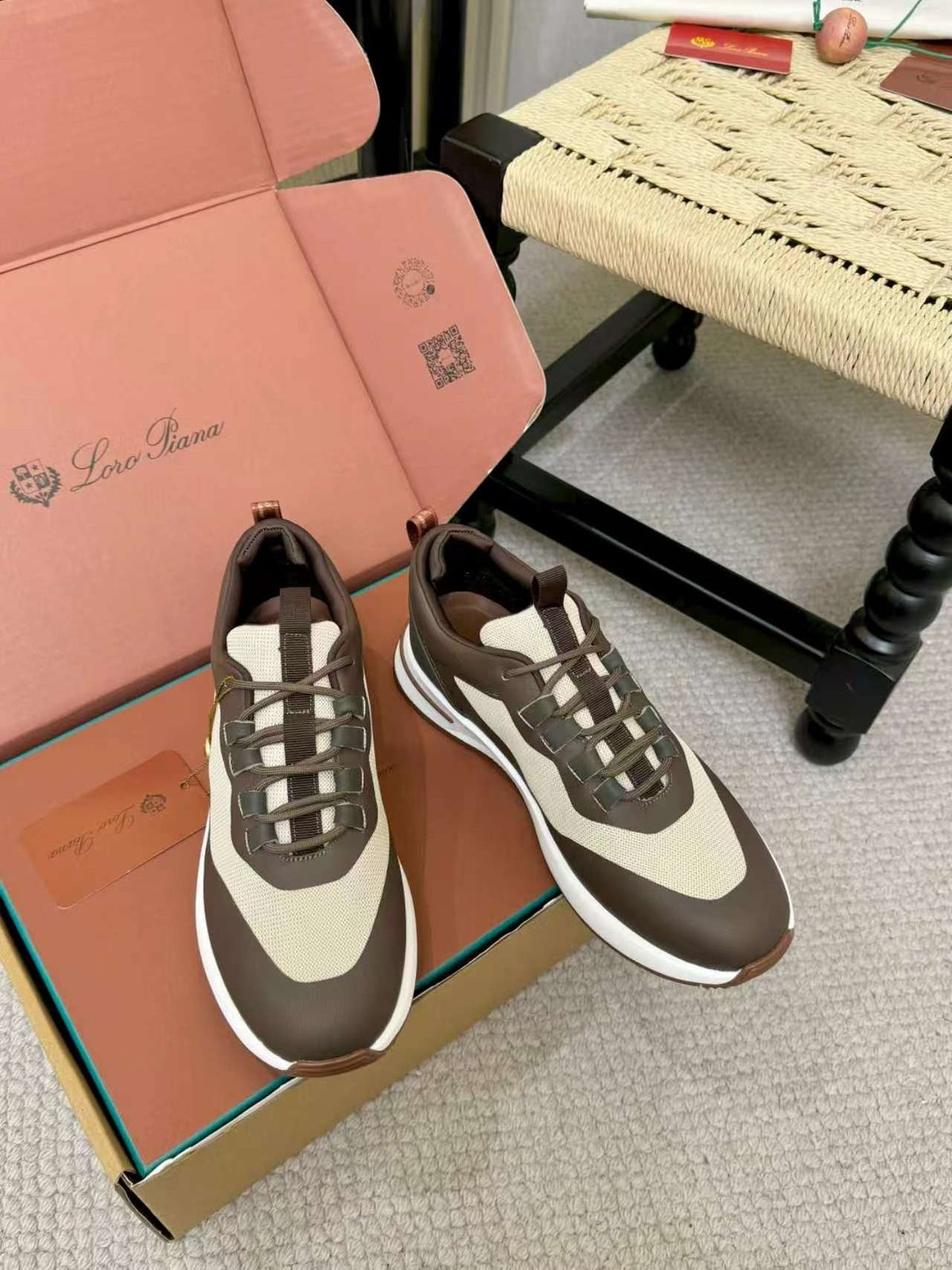 Loro Piana Brown and Cream Low-Top Sneakers