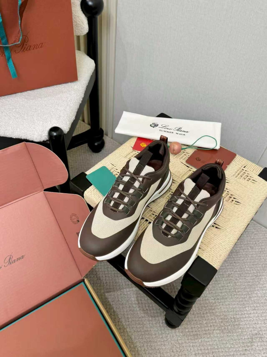 Loro Piana Brown and Cream Low-Top Sneakers