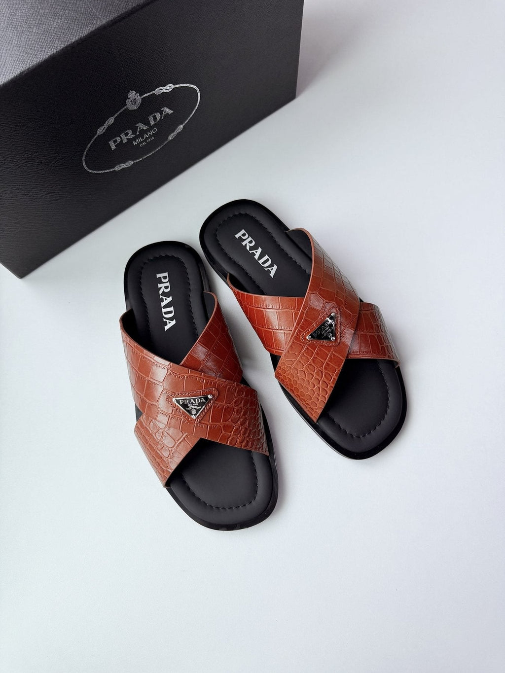 Prada Men's Croc-Embossed Cross-Strap Slide Sandals