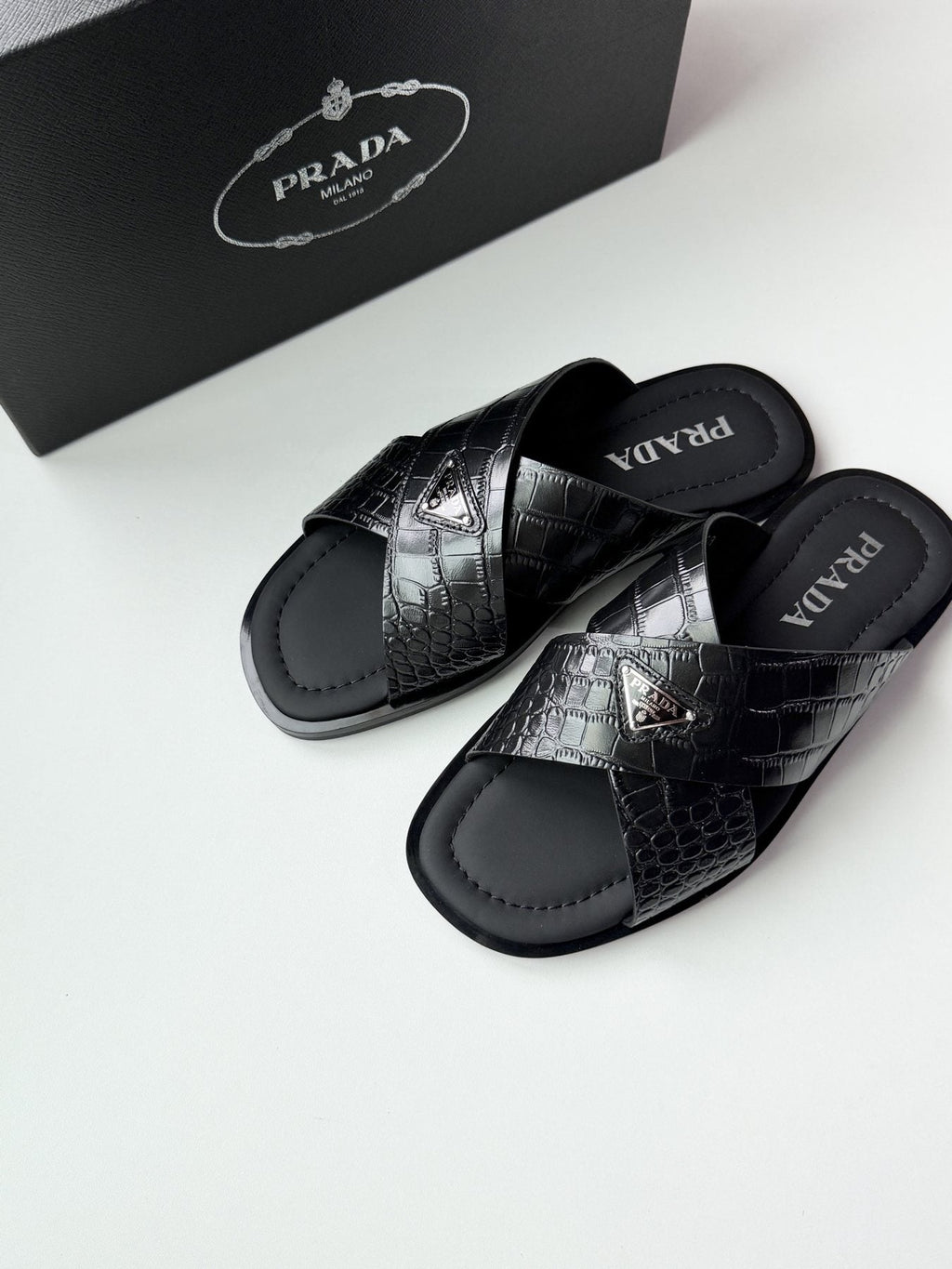 Prada Men's Croc-Embossed Cross-Strap Slide Sandals